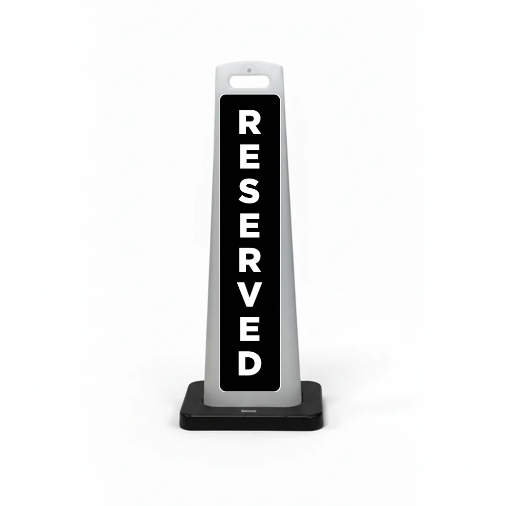 Black flat cone sign with bold white vertical RESERVED lettering and no symbol or arrow.
