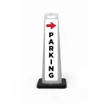 White flat cone sign with bold red right-pointing arrow at top and black vertical PARKING lettering below, no parking symbol.