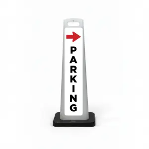 White flat cone sign with bold red right-pointing arrow at top and black vertical PARKING lettering below, no parking symbol.