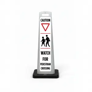 White flat cone sign with CAUTION text, red yield triangle, pedestrian crossing icon, and WATCH FOR PEDESTRIAN CROSSING lettering below.
