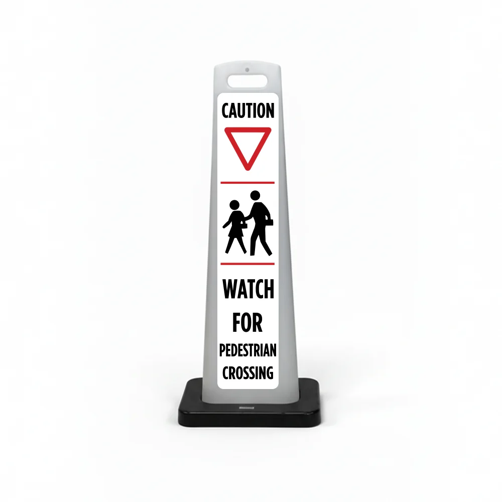 White flat cone sign with CAUTION text, red yield triangle, pedestrian crossing icon, and WATCH FOR PEDESTRIAN CROSSING lettering below.