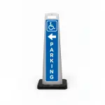 Blue and white handicap accessible parking flat cone sign with framed square wheelchair symbol at top, white left arrow, and vertical PARKING lettering.