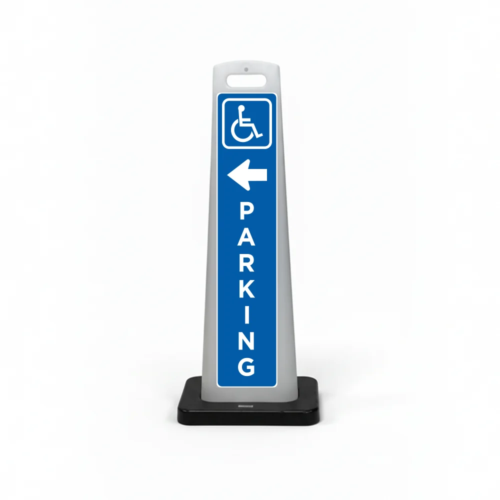 Blue and white handicap accessible parking flat cone sign with framed square wheelchair symbol at top, white left arrow, and vertical PARKING lettering.