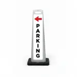 White flat cone sign with bold red left-pointing arrow at top and black vertical PARKING lettering below, no parking symbol.