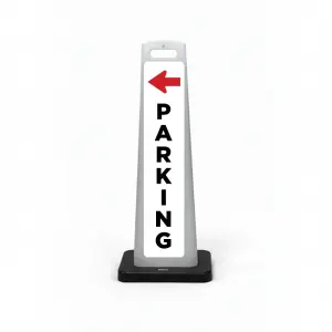 White flat cone sign with bold red left-pointing arrow at top and black vertical PARKING lettering below, no parking symbol.