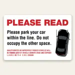 Large landscape white sign with red PLEASE READ header, black park within the line instruction, top-down car illustration, and L.A.M.C. 80.71-4 and C.V.C. 22658A tow-away warning.