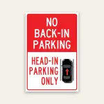 Red and white No Back-In Parking sign with HEAD-IN PARKING ONLY text and top-down car illustration with forward arrow below.