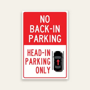 Red and white No Back-In Parking sign with HEAD-IN PARKING ONLY text and top-down car illustration with forward arrow below.