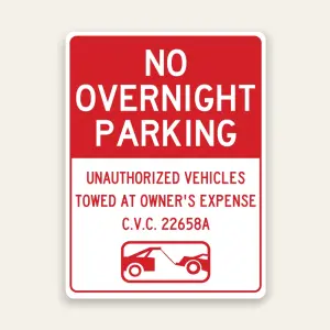 Red and white No Overnight Parking sign with bold white header text, unauthorized vehicles tow-away warning, C.V.C. 22658A, and tow truck icon.