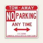 Red and white square Tow-Away No Parking Any Time sign with double-headed arrow, C.V.C. 22658A, and Commercial Vehicles With Use Permit Exempt text at the base.