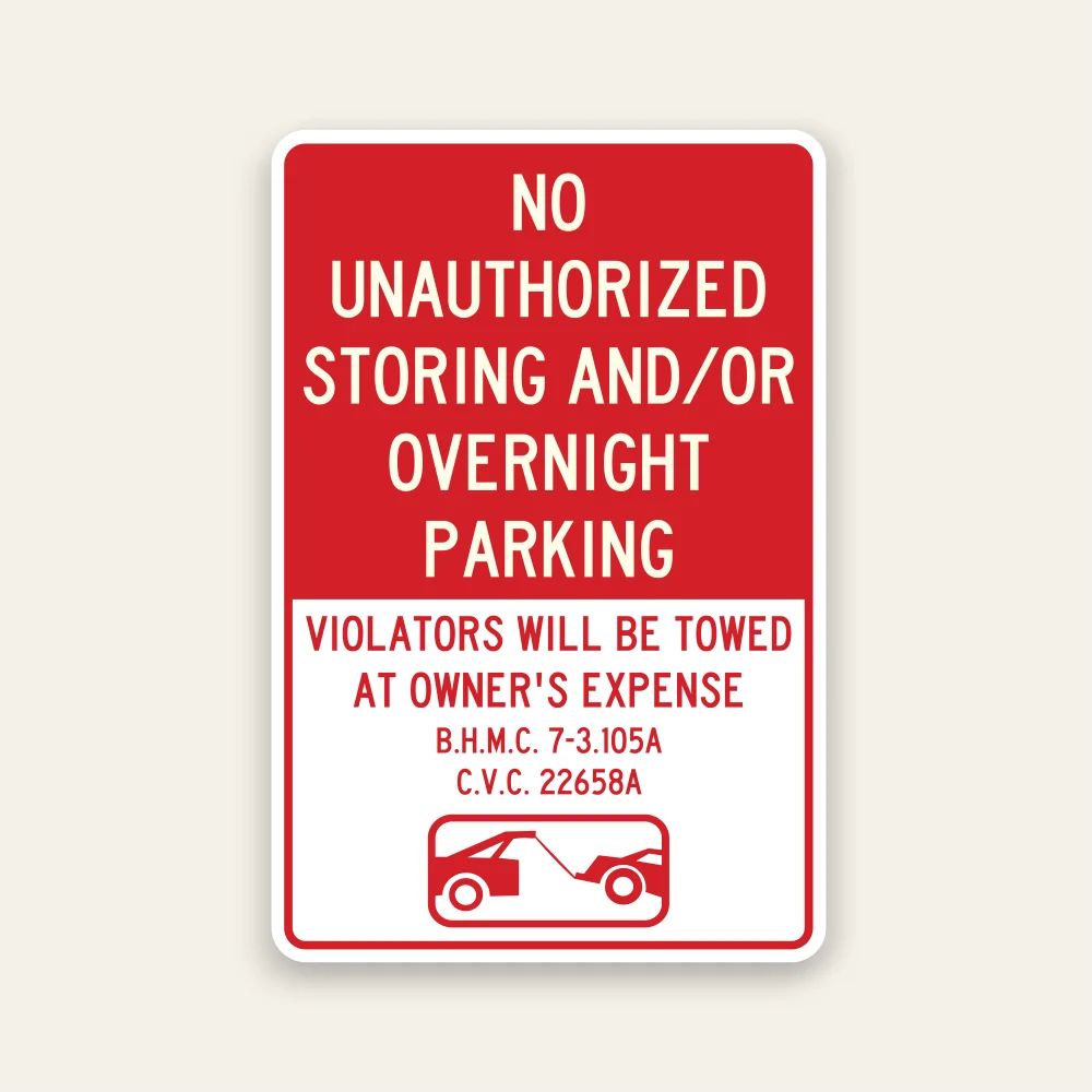 Red and white No Unauthorized Storing and/or Overnight Parking tow away sign with customizable municipal code field, C.V.C. 22658A, and tow truck icon.