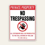 Red and white Private Property No Trespassing sign with prohibition icon, citing Penal Code 602 (L).