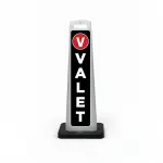 Black and white valet flat cone sign with red circular V valet symbol and vertical white VALET lettering on black background.