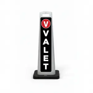 Black and white valet flat cone sign with red circular V valet symbol and vertical white VALET lettering on black background.