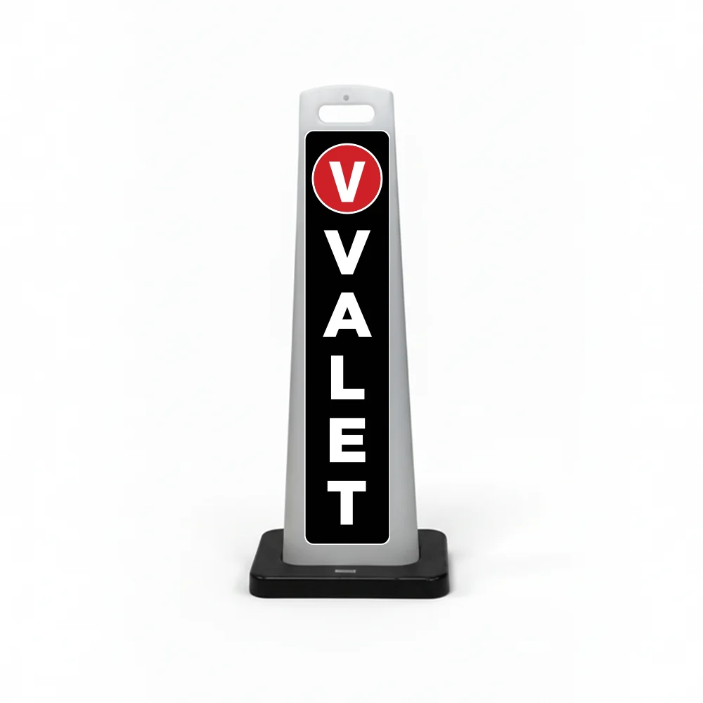 Black and white valet flat cone sign with red circular V valet symbol and vertical white VALET lettering on black background.