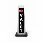 Black and white valet flat cone sign with red right-pointing arrow and vertical white VALET lettering on black background.