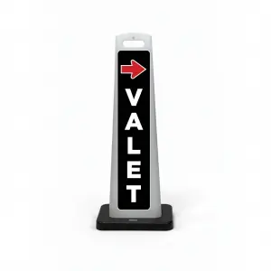 Black and white valet flat cone sign with red right-pointing arrow and vertical white VALET lettering on black background.