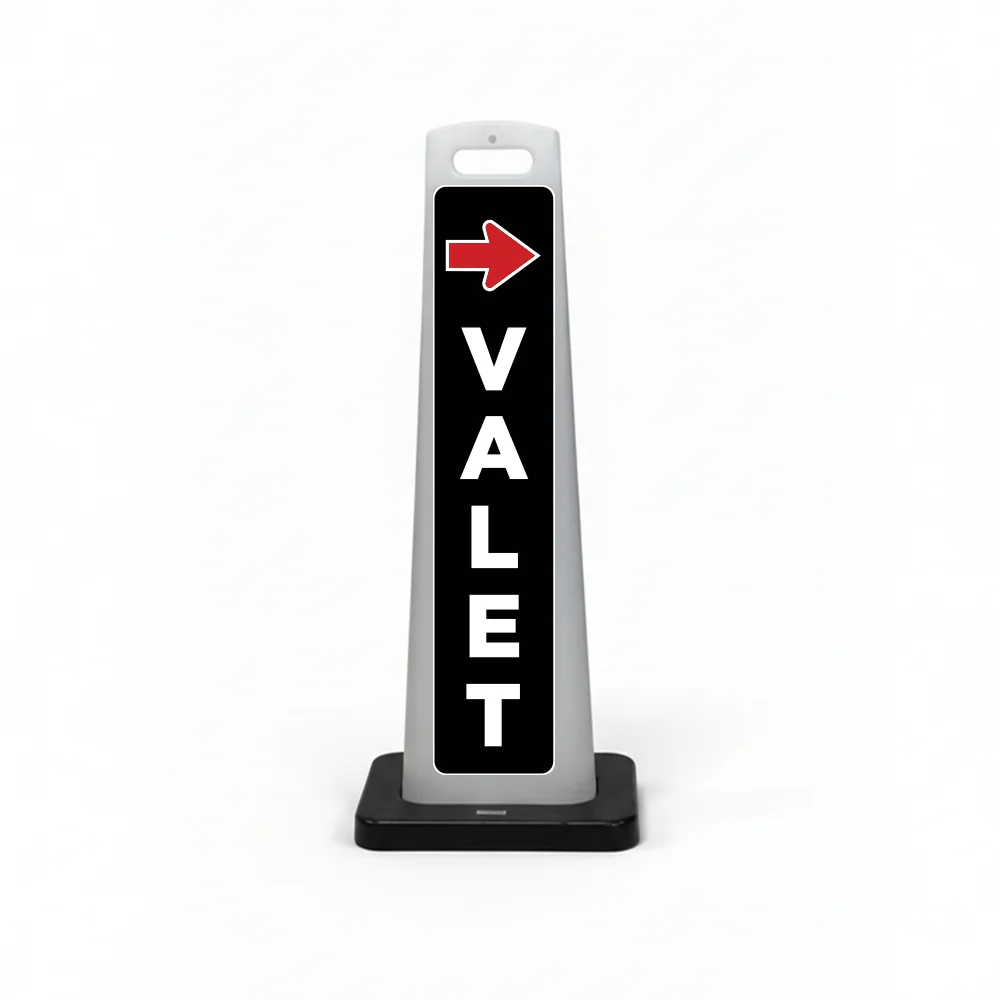 Black and white valet flat cone sign with red right-pointing arrow and vertical white VALET lettering on black background.