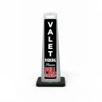 Black and white valet flat cone sign with vertical VALET lettering and bold red PULL FORWARD command at the base.