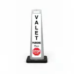 Black and white valet flat cone sign with vertical VALET lettering on white panel and red STOP HERE sign at the base.
