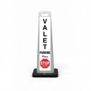 Black and white valet flat cone sign with vertical VALET lettering on white panel and red STOP HERE sign at the base.