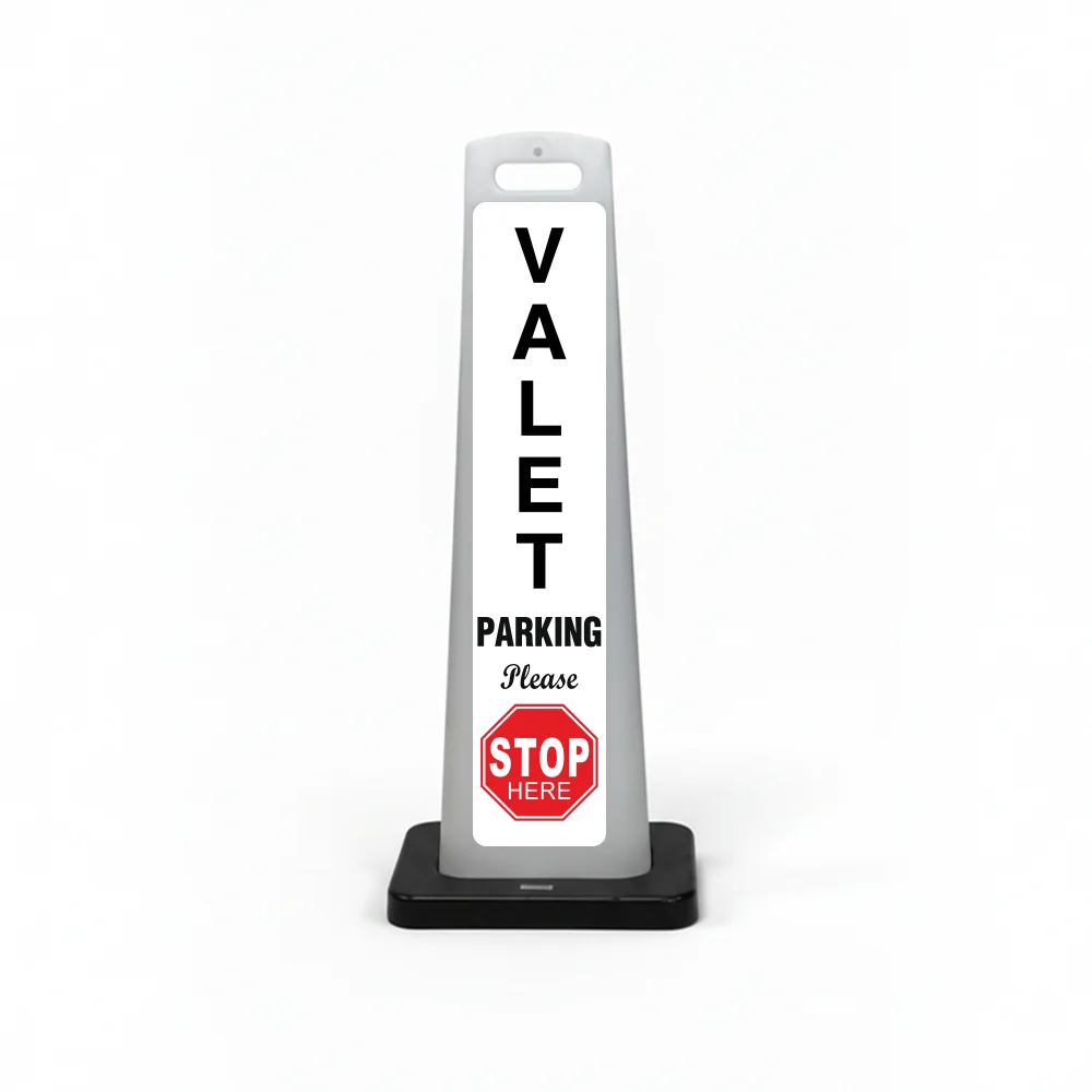 Black and white valet flat cone sign with vertical VALET lettering on white panel and red STOP HERE sign at the base.
