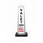 White valet flat cone sign with black vertical VALET lettering, PARKING Please text, and bold red PULL FORWARD command at the base.