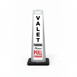 White valet flat cone sign with black vertical VALET lettering, PARKING Please text, and bold red PULL FORWARD command at the base.