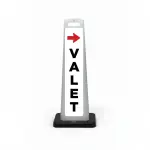 White valet flat cone sign with red right-pointing arrow and bold black vertical VALET lettering on white background.