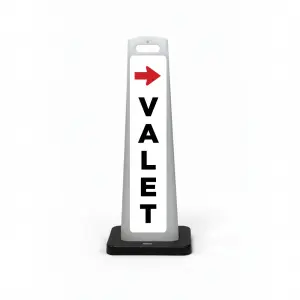 White valet flat cone sign with red right-pointing arrow and bold black vertical VALET lettering on white background.