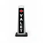 Black valet flat cone sign with red left-pointing arrow and bold white vertical VALET lettering on black background.