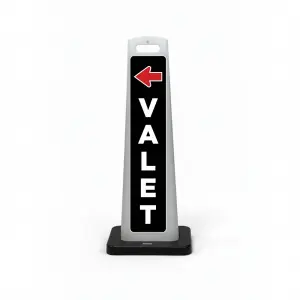 Black valet flat cone sign with red left-pointing arrow and bold white vertical VALET lettering on black background.
