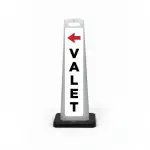 White valet flat cone sign with red left-pointing arrow and bold black vertical VALET lettering on white background.