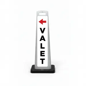 White valet flat cone sign with red left-pointing arrow and bold black vertical VALET lettering on white background.