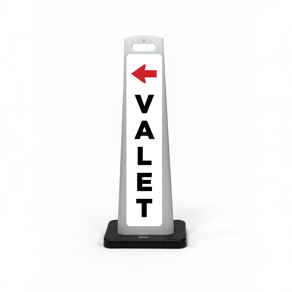 White valet flat cone sign with red left-pointing arrow and bold black vertical VALET lettering on white background.