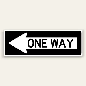Black and white landscape One Way sign with full-size left-pointing arrow on the left and bold ONE WAY text on the right, rounded black border.