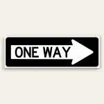 Black and white landscape One Way sign with bold black ONE WAY text on a white band that extends into a full-width white arrow pointing right, white border.