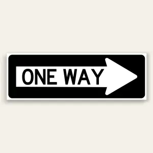 Black and white landscape One Way sign with bold black ONE WAY text on a white band that extends into a full-width white arrow pointing right, white border.