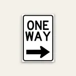 Black and white portrait One Way sign with bold ONE WAY text stacked above a right-pointing black arrow, rounded black border.