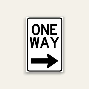 Black and white portrait One Way sign with bold ONE WAY text stacked above a right-pointing black arrow, rounded black border.