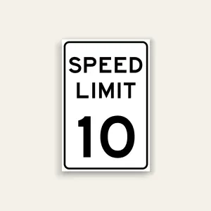 White portrait speed limit sign with rounded black border and black text reading SPEED LIMIT above a large numeral 10.