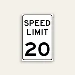 White portrait speed limit sign with rounded black border and black text reading SPEED LIMIT above a large numeral 20.