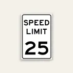 White portrait speed limit sign with rounded black border and black text reading SPEED LIMIT above a large numeral 25.