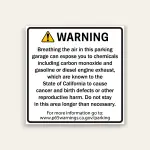 White square warning sign with black border, yellow warning triangle icon and black WARNING header above Proposition 65 text about carbon monoxide and engine exhaust exposure in parking garages, with reference URL at bottom.