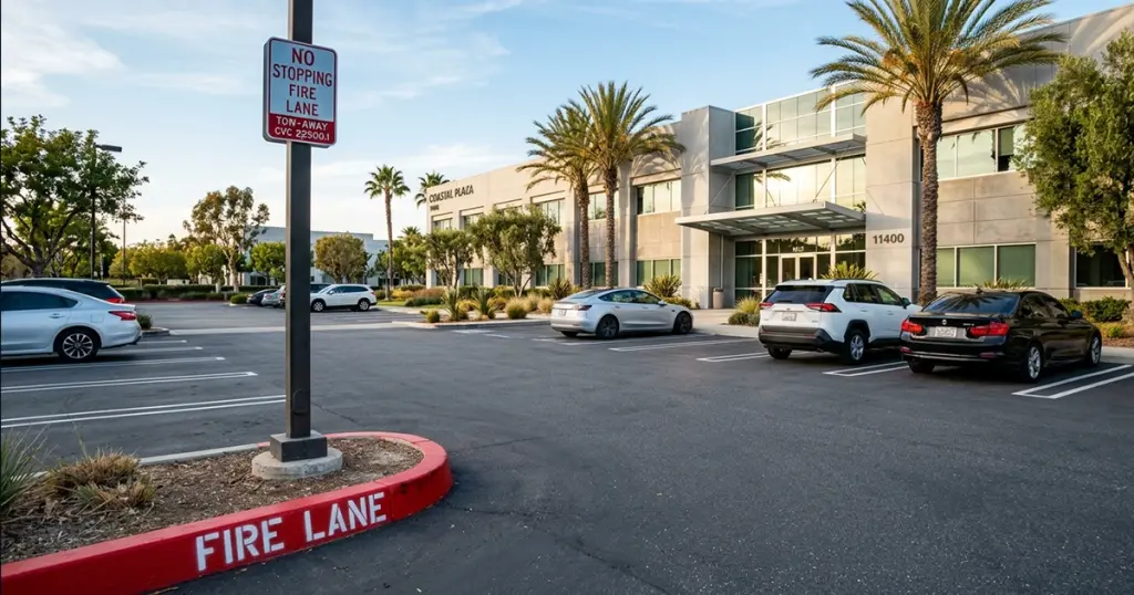 No Stopping Fire Lane sign and red curb marking at a Los Angeles commercial property parking lot — CVC 22500.1 compliant fire lane signage