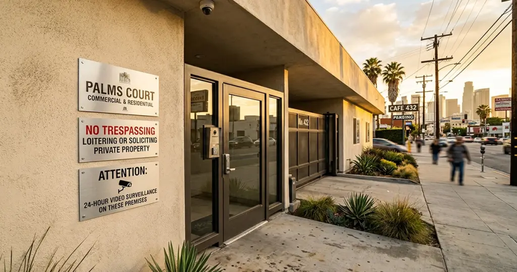 Property control signs including No Trespassing and Video Surveillance notices at the entrance of a Los Angeles commercial property — professional property management signage