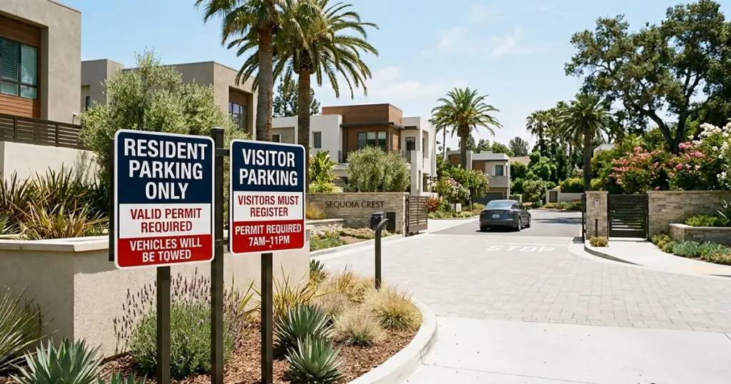 Resident and visitor reserved parking signs at the entrance of a Los Angeles HOA community — Davis-Stirling compliant property signage