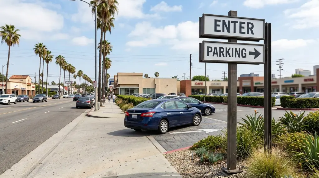 A Los Angeles parking lot entrance with clear directional signs guiding a car toward open parking spaces in daytime California light